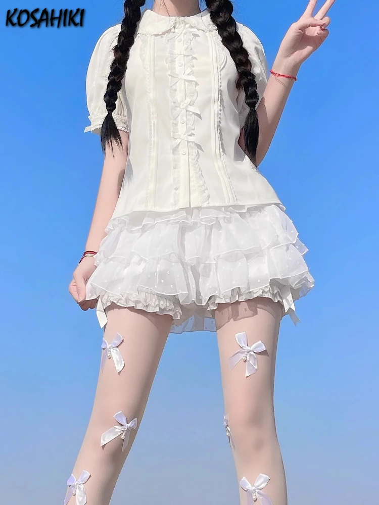

Lolita Lace Patchwork Doll Collar Women Blouse Sweet Bow Y2k Aesthetic Single Breasted Shirt Harajuku Grunge Puff Sleeve Blusas