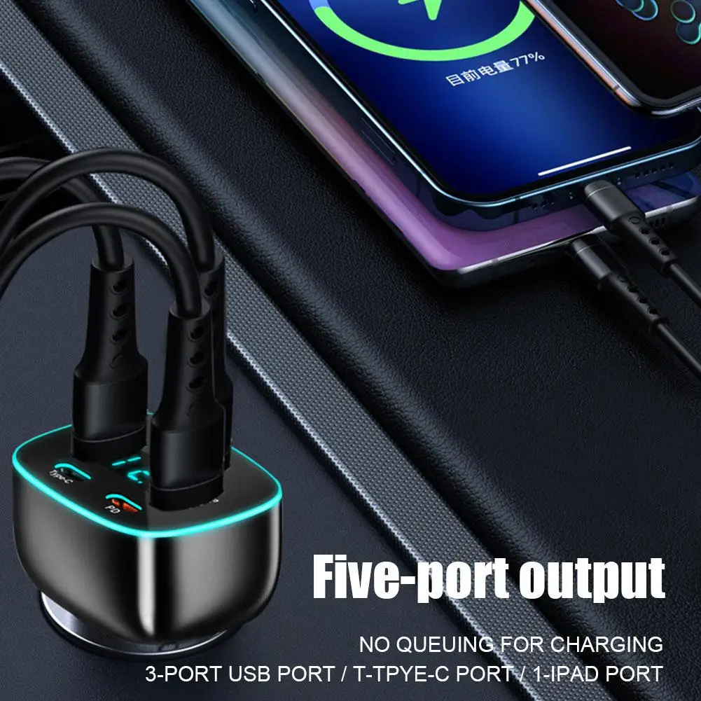 Multiport USB Car Charger Ultra Fast PD Fast Charging Intelligent Digital Display Adopts High Quality Fireproof Material Shell