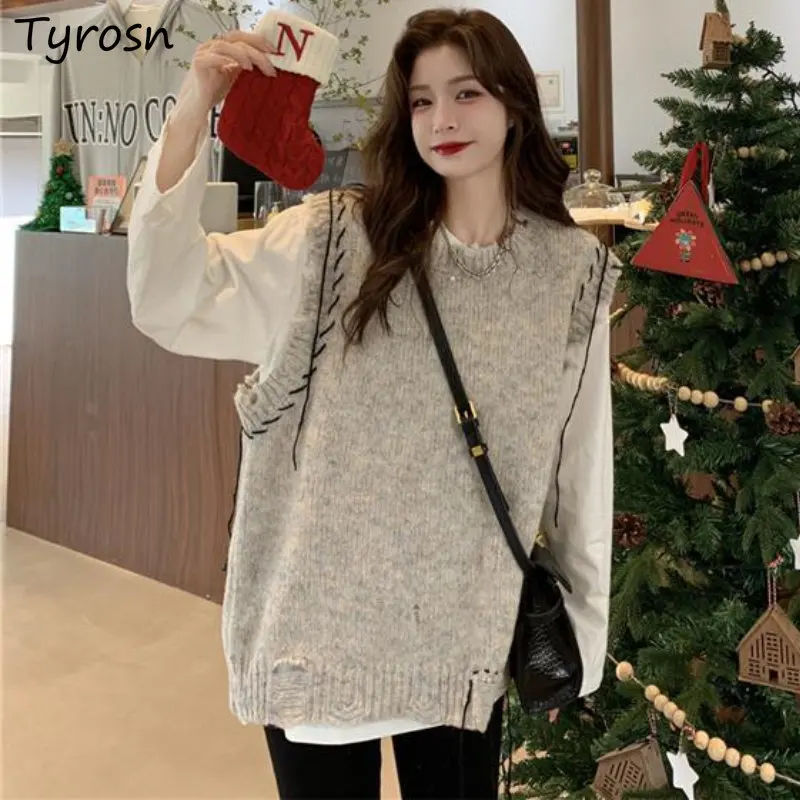 

Sweater Vests Women Loose All-match Daily Simple Preppy Style Autumn Retro Fashion Cozy Leisure Knitting Ulzzang Students Design