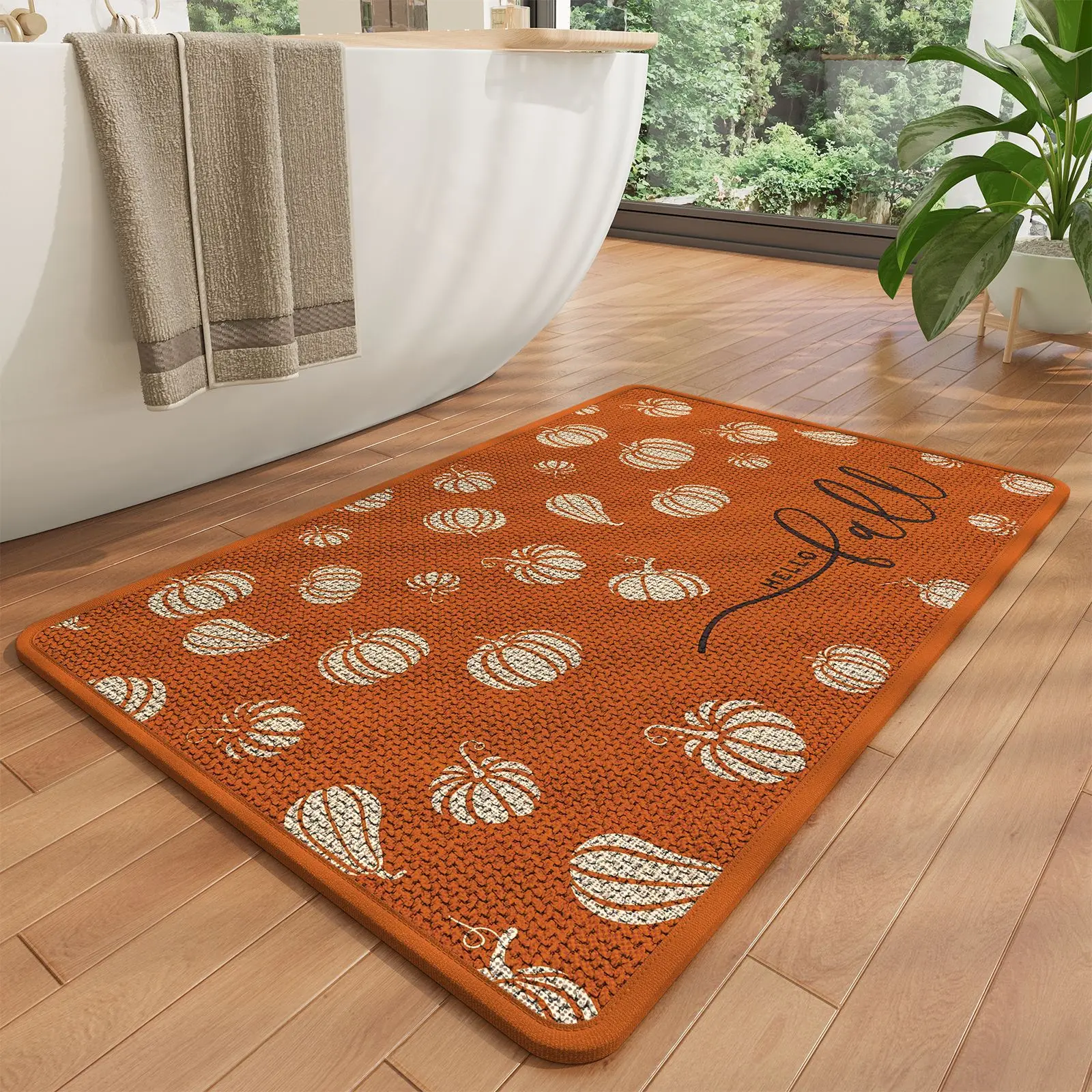 Vintage Pumpkin Print Linen Bath Mat, Quick-Dry Absorbent Bathroom Rug, Non-Slip Bathtub Floor Mat with Rubber Backing Doormat
