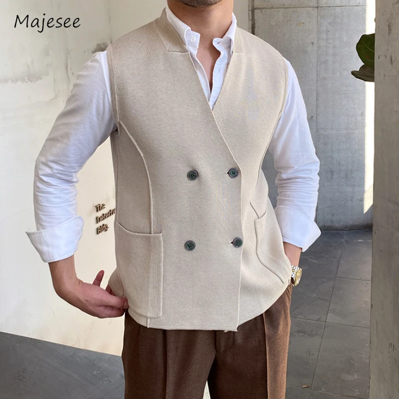 Double Breasted Vests Men England Style Slim Basic Sleeveless Woolen Coats Mature Temperament Autumn Winter Personality Hombre