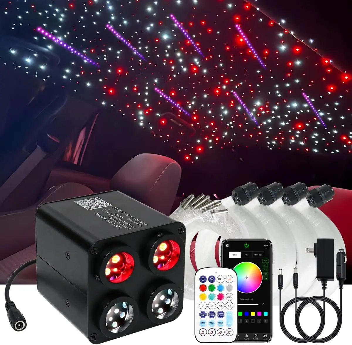 36w Twinkle&Meteor Fiber Optic Ceiling Lights Engine w/App Remote starlight 4 ports same/different color RGB shooting Headliner