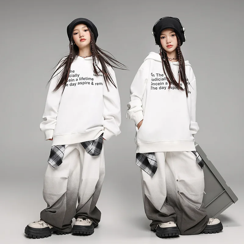 

New Hip Hop Dance Costumes for Kids White Hooded Sweatshirt Loose Pants Street Dance Wear Girls Boys Jazz Stage Clothes Sets