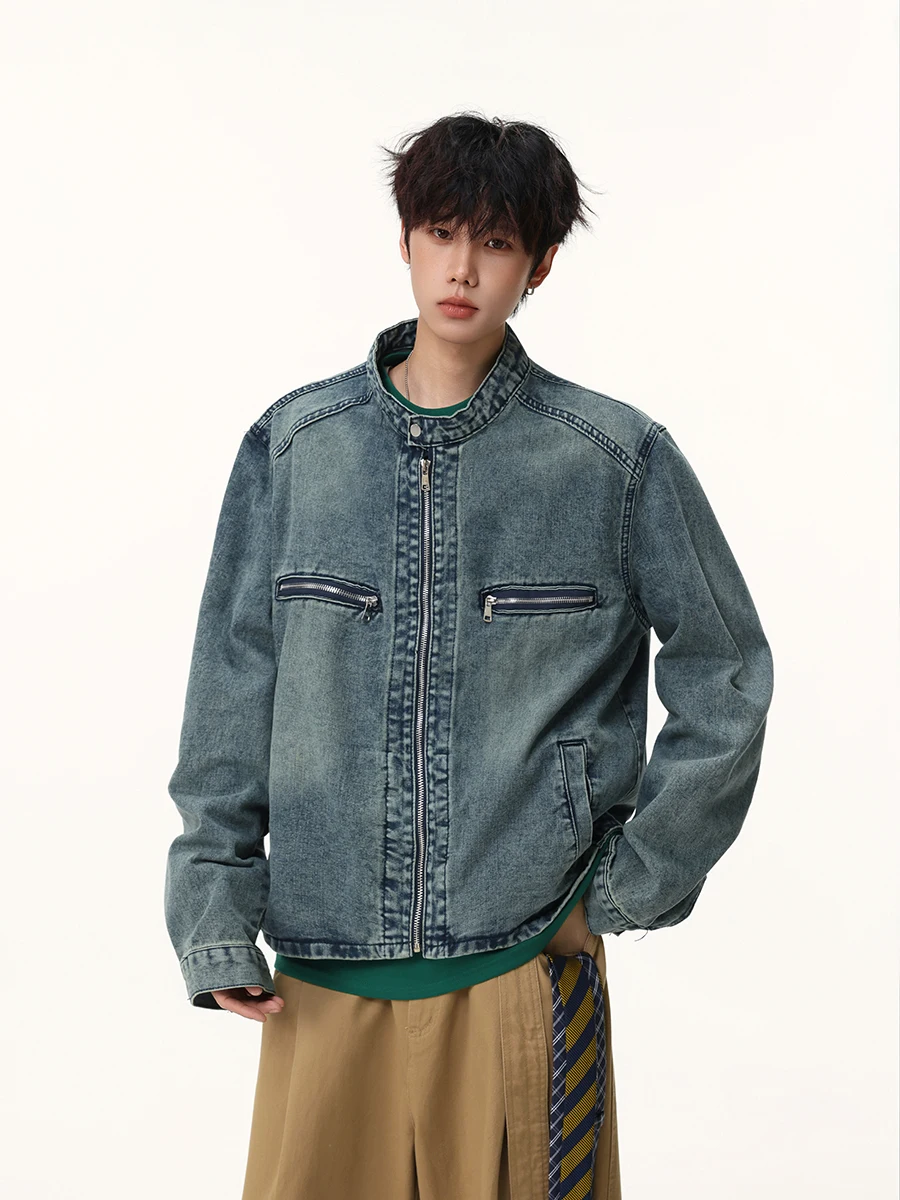 

Мужская джинсовая куртка Boyue в американском уличном стиле с молнией, дизайнерская, в рабочем стиле, байкерская, крутая, с воротником-стойкой, молодежная, модная, повседневная одежда