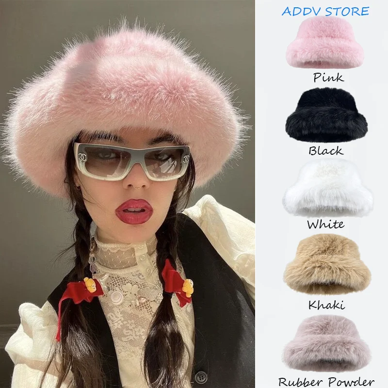 

Y2K Style Faux Fur Fisherman Hat for Women Winter, Cozy Plush Bucket Hat with Ear Warmth Large Bucket Hat