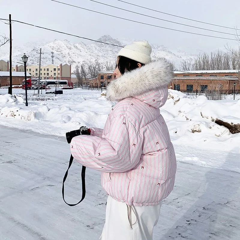 

New Fashion Temperament Striped Warm Hooded Women's Quilted Cotton Coat Winter Loose Overcoat Women Cotton Coat JJ1141