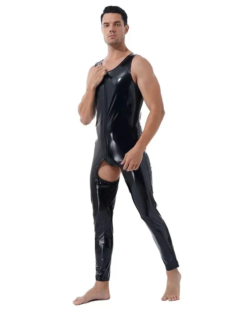 Unisex Sleeveless Wet Look PVC Catsuit Shiny PU Leather Crotchless Open Crotch Bodysuit Tights Sexy Cosplay Leotard Unitard Body