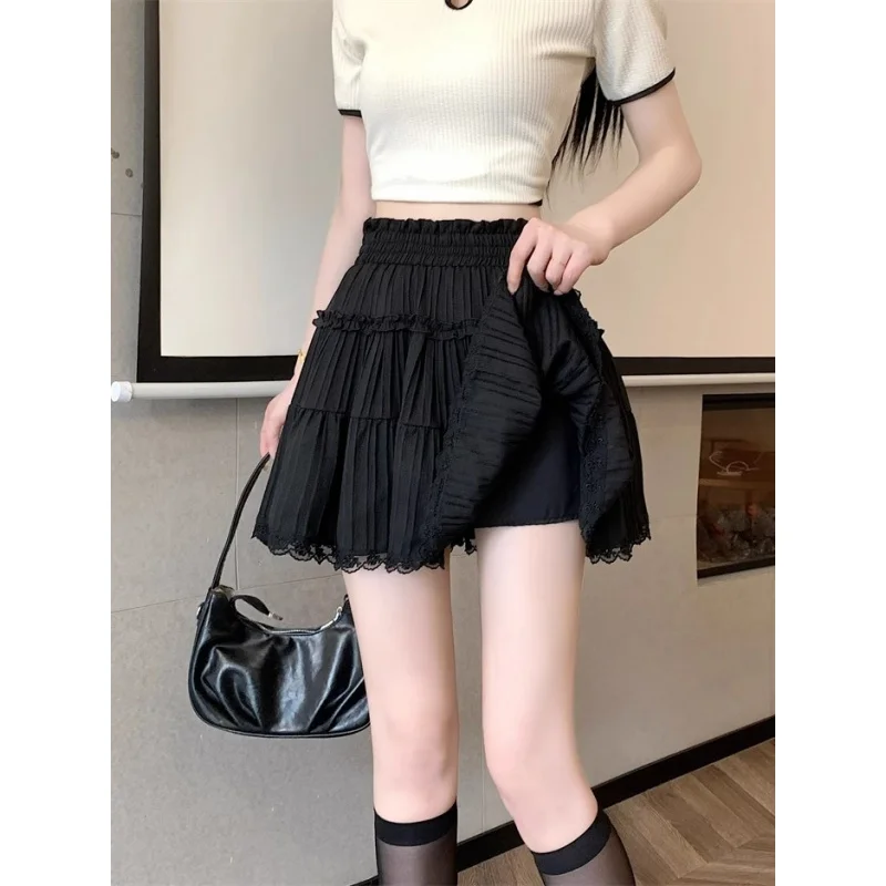 Women Summer Mini Skirt Girl Cute Sexy Elastic High Waist Ball Gown Ruffle Short Skirts for Woman Sweet Y2K Lace Halfskirt