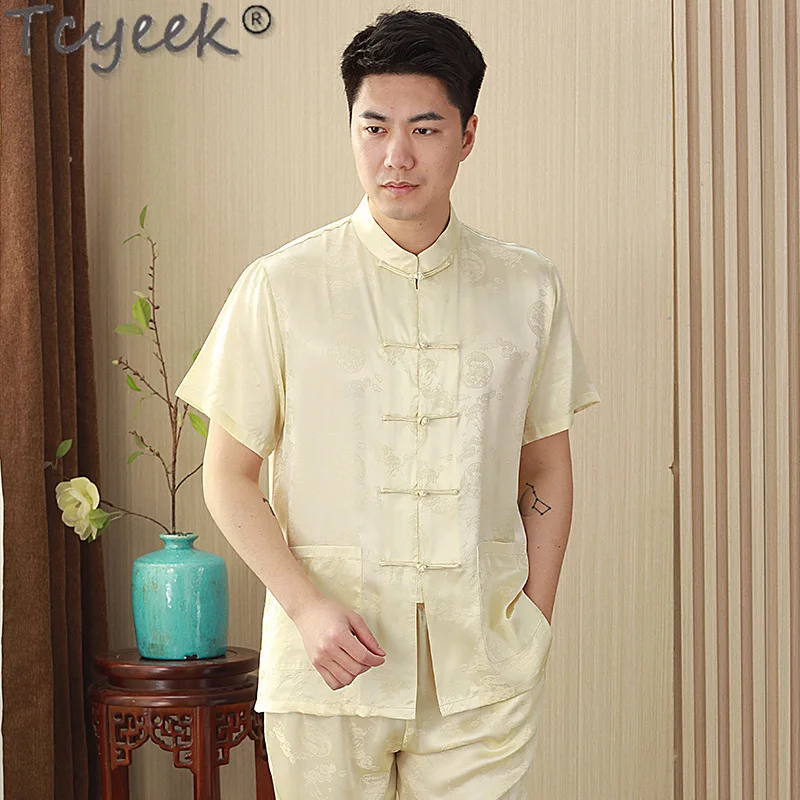 

Tcyeek 100% Mulberry Silk Mens Shirts Summer Clothes Causal Short Sleeve Top Chinese Style White Shirt Men 2024 Chemise Homme