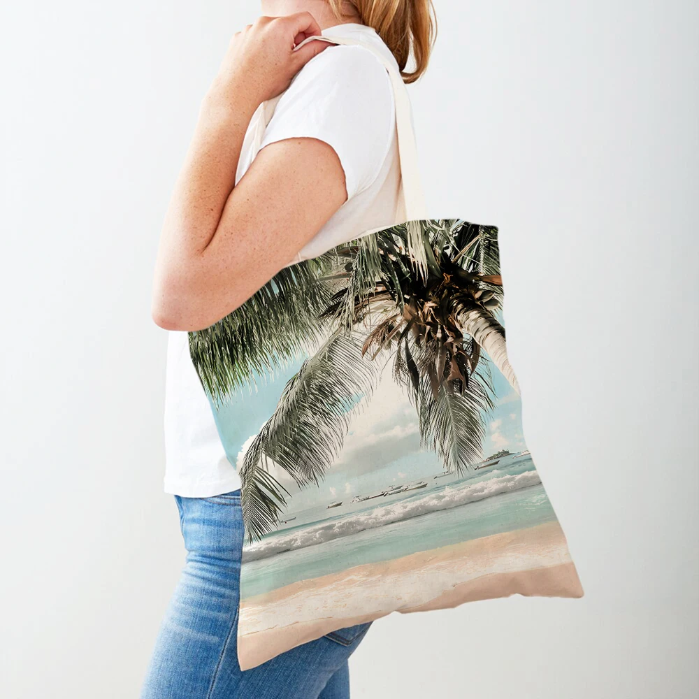 Bolso de compras de lona con estampado doble para mujer, bolsa de playa, coco, árbol, coche, barco, gaviota, reutilizable, informal