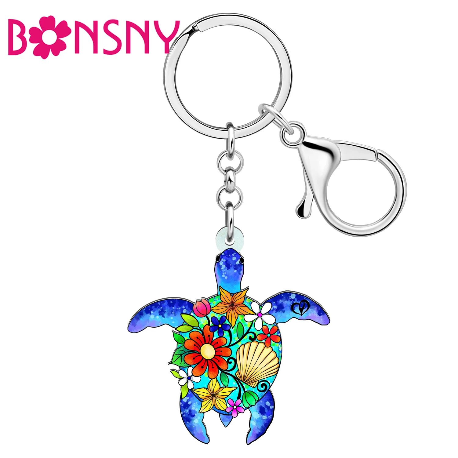 Bonsny Acrylic Flowers Sea Turtles Key Ring Chelonia Spp Key Chains Keychains Fashion Jewelry Car Bag Charms For Women Kid Gifts