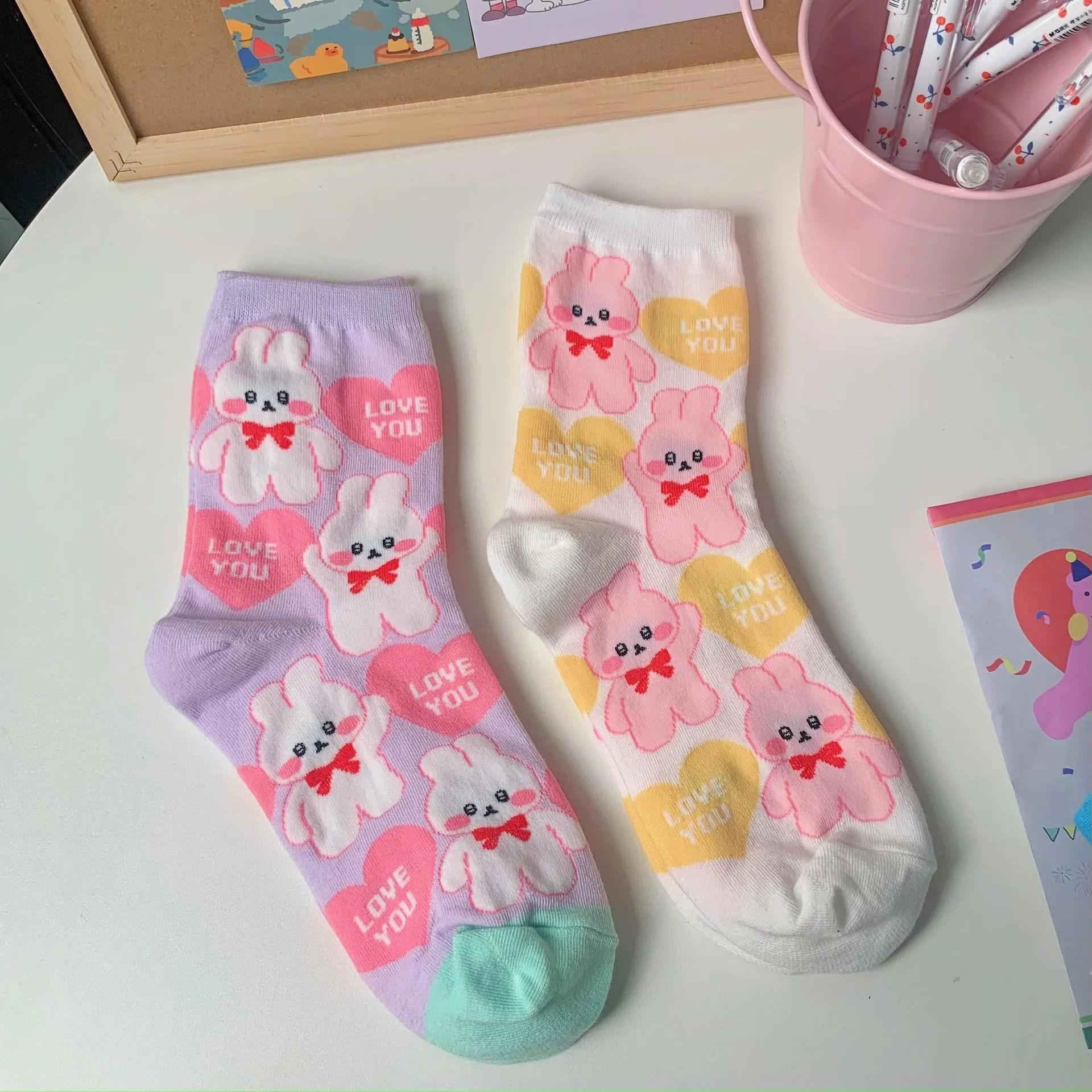 Japanese Cotton Rabbit Strawberry Love Illustration Cute Girl Cartoon Mid tube Socks Korean