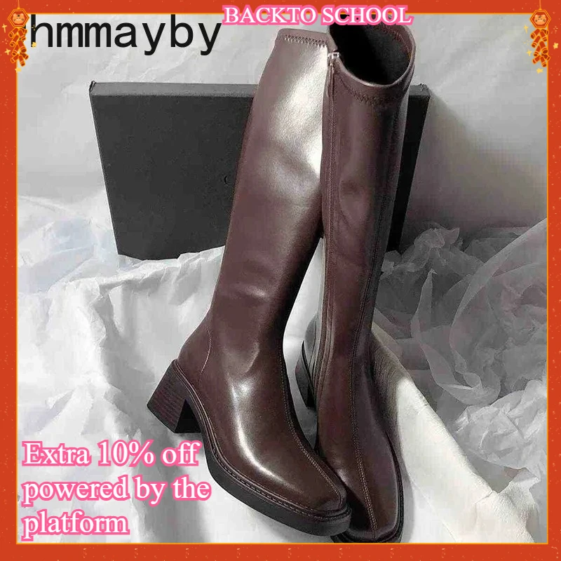 Vintage Thick Heel Women Knee High Boots Fashion Side Zippers Shoes Autumn Winter Ladies Concise Long Botas De Mujer
