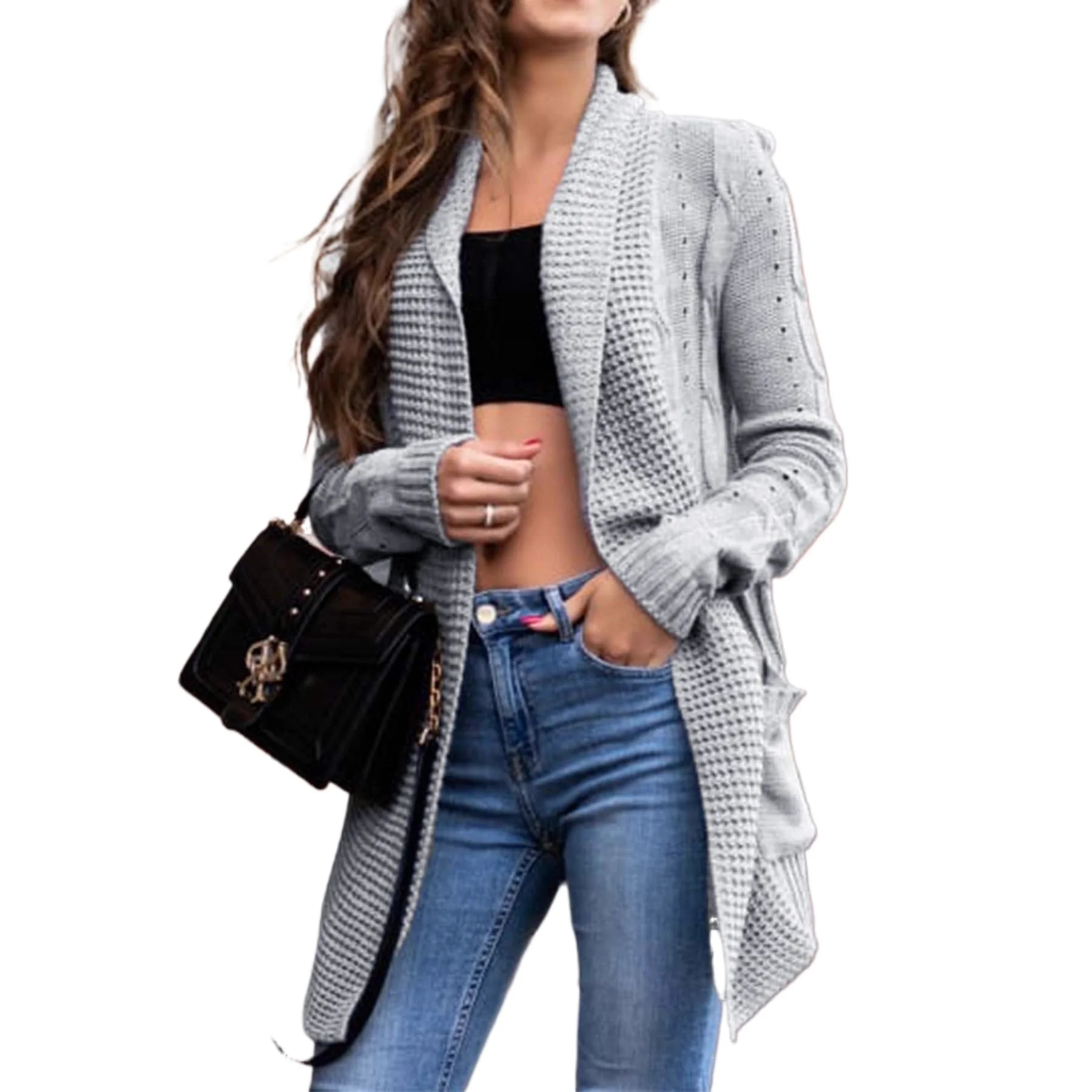 European and American cross-border autumn and winter knitted  fashionable  casual long-sleeved buckle-free Amazon sweater jacket