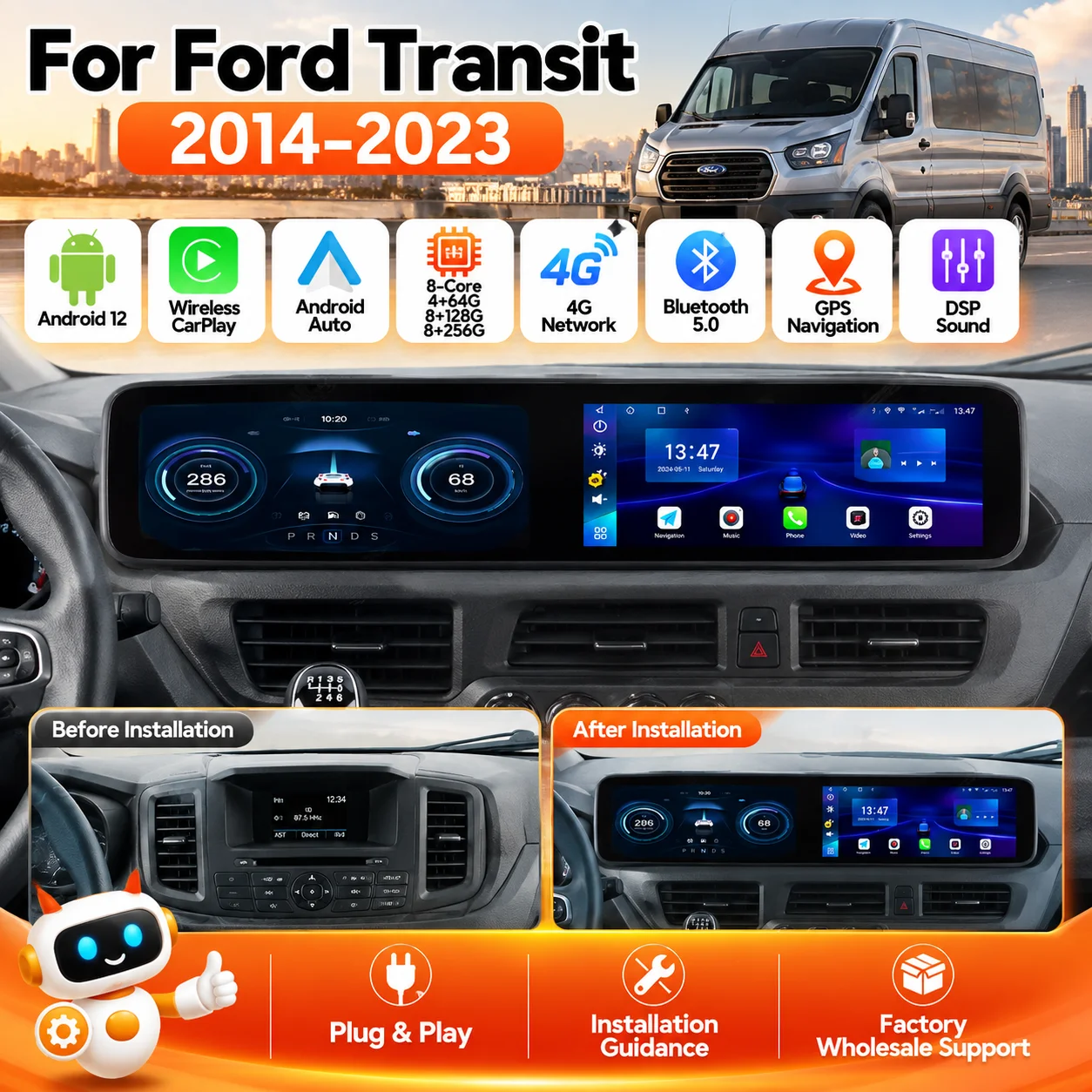 Android 12 8-Core Car Radio For Ford Transit Wireless CarPlay GPS Navigation 8+256G HD Multimedia Stereo Head Unit