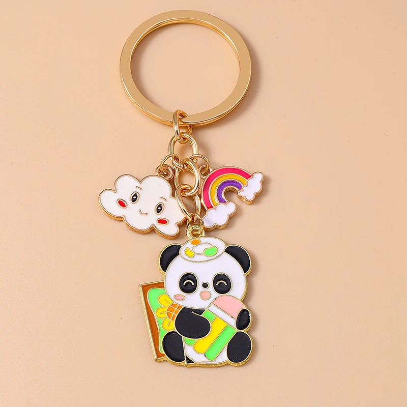 Cartoon Animal Panda Keychain Enamel Cloud Rainbow Keyrings for Women Men Car Key Handbag Pendant Key Chains DIY Accessories