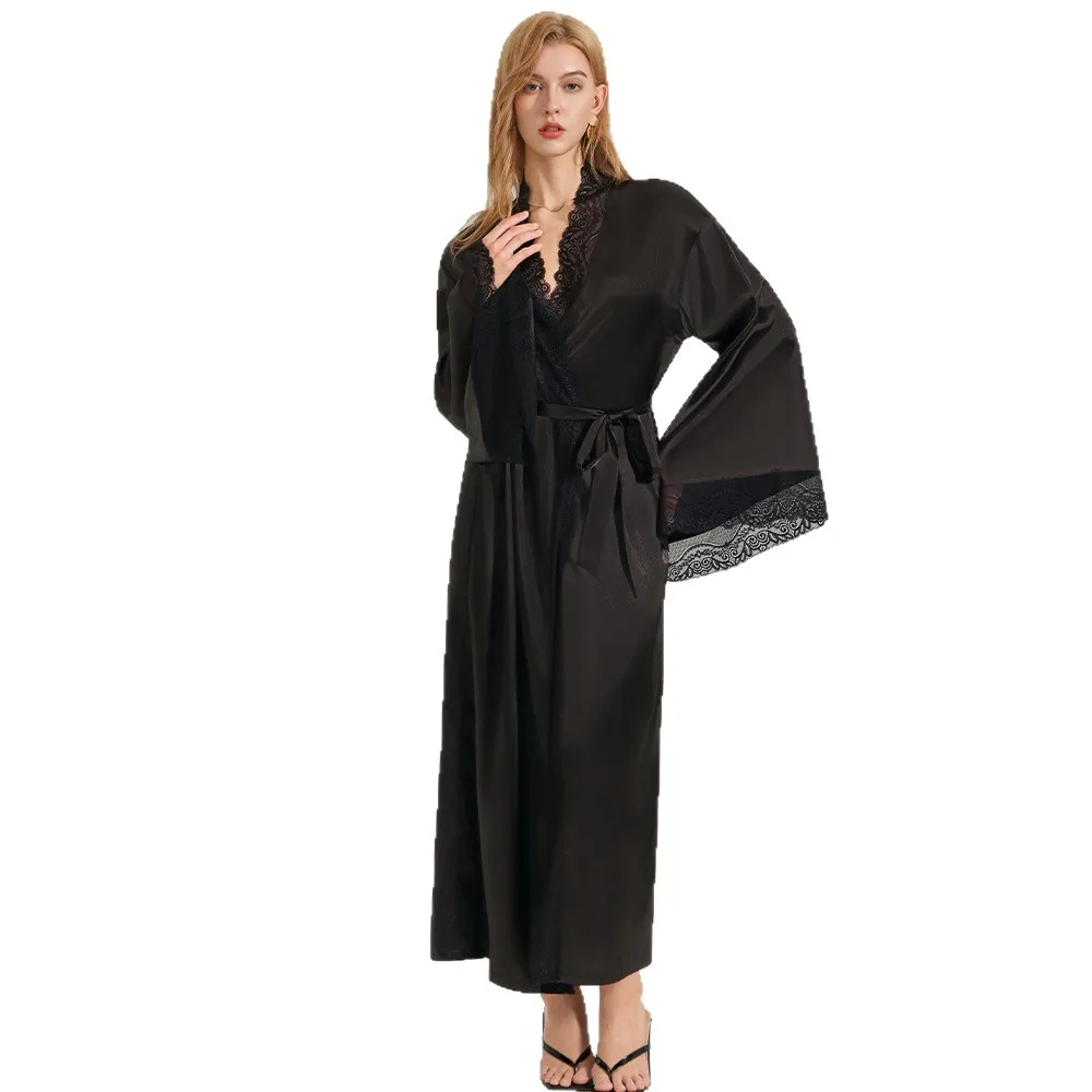 Solid Color Simple Satin Lace Patchwork Long Ice Silk Robe Nightgown Black Satin Sexy Elegant Women's Spring Summer Home Wear