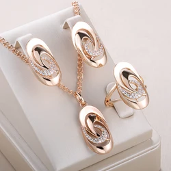 Kinel Unusual Geometry Glossy Daily Fine Jewelry Sets 585 Rose Gold Color Natural Zircon Big Ring Earrings Necklace for Women