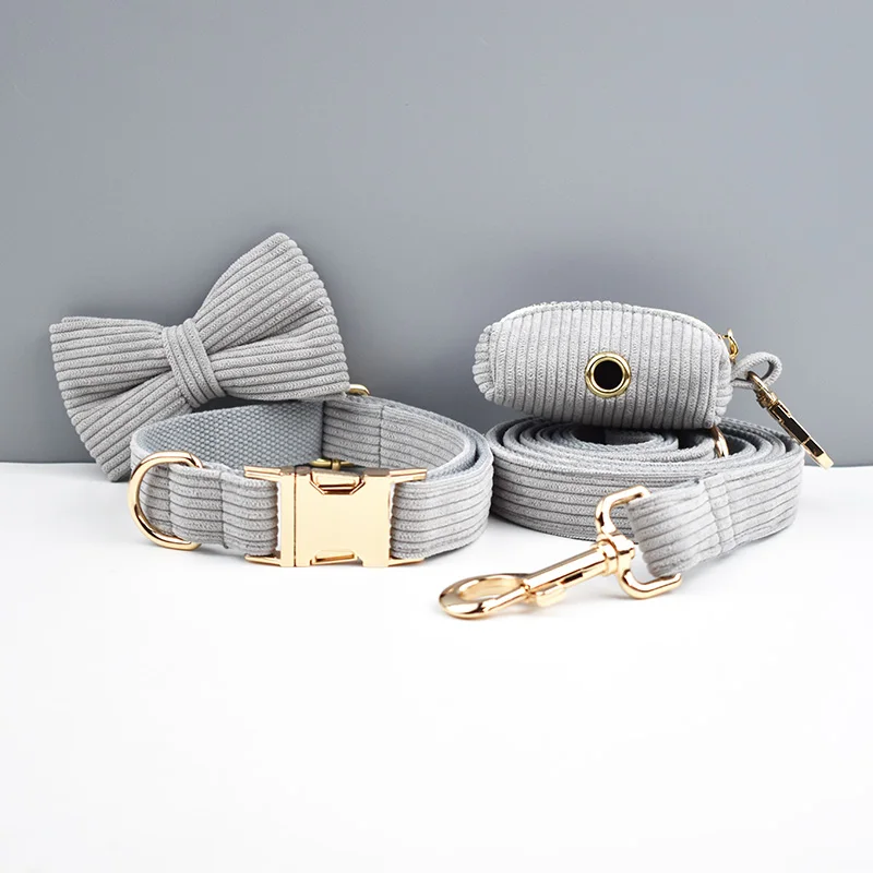Light Grey Corduroy Dog Collar And Leash Set For Dogs Custom Engraved Nameplate Pet Supplies Dog Leash Corduroy06
