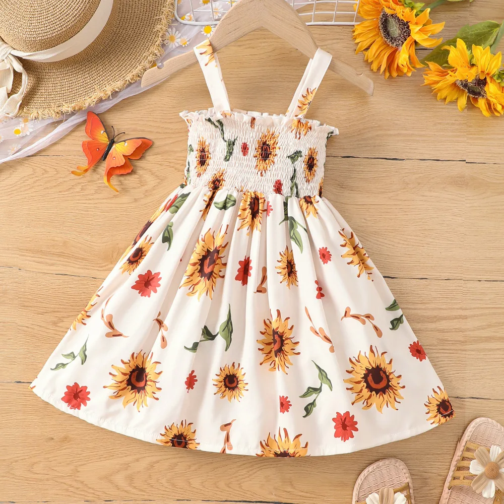 

2024 Summer New Arrival Girls Sleeveless Ruched Print Sunflowers Beige Designer Cute Party Princess Dress Custume 18M-6T