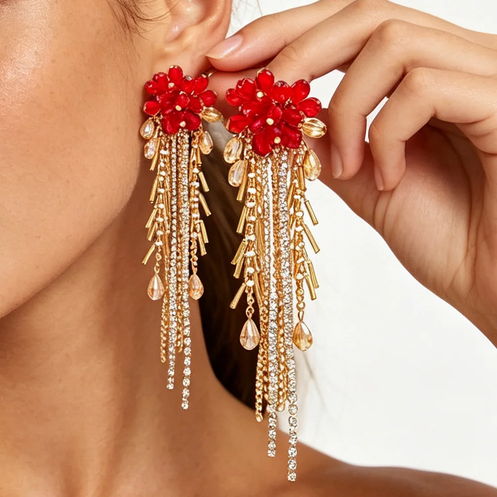 Neuheiten: Rote Blumen-Kristall-Strass-Quasten-Ohrringe für Damen, Modischer Schmuck für Hochzeit, Braut und Party – Detail 2