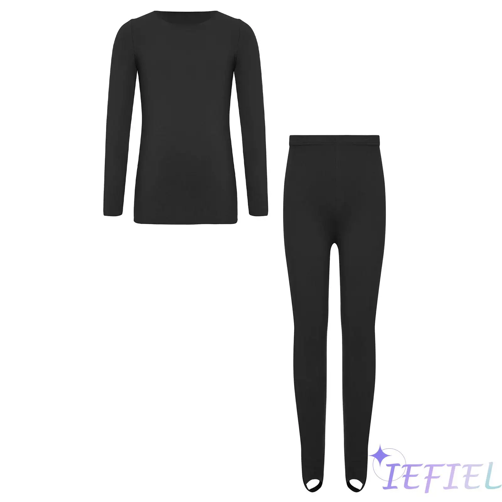 Kids Girls Seamless Thermal Underwear Set Long Sleeve Pullover Top with Regular/Stirrup Leggings for Gymnastics Dance Practice