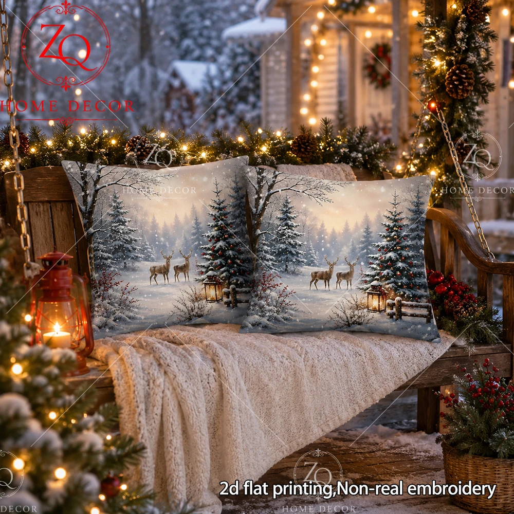 Winter Snow Deer Peach Skin Throw Pillow Case 2D Flat Printed Christmas Tree Cushion Cover For Living Room Sofa Home Decor