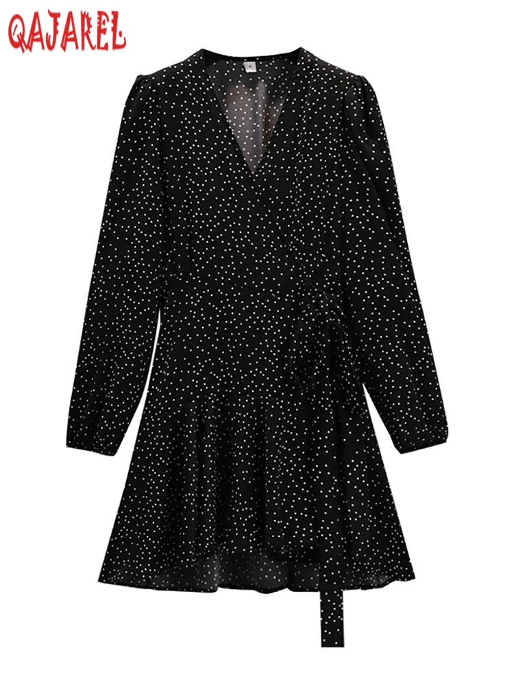 

Black Polka Dot Elegant Bandage Dress for Ladies Autumn Winter Long Sleeve Casual Prom Clothing 2024 Korean Vintage Night Dress