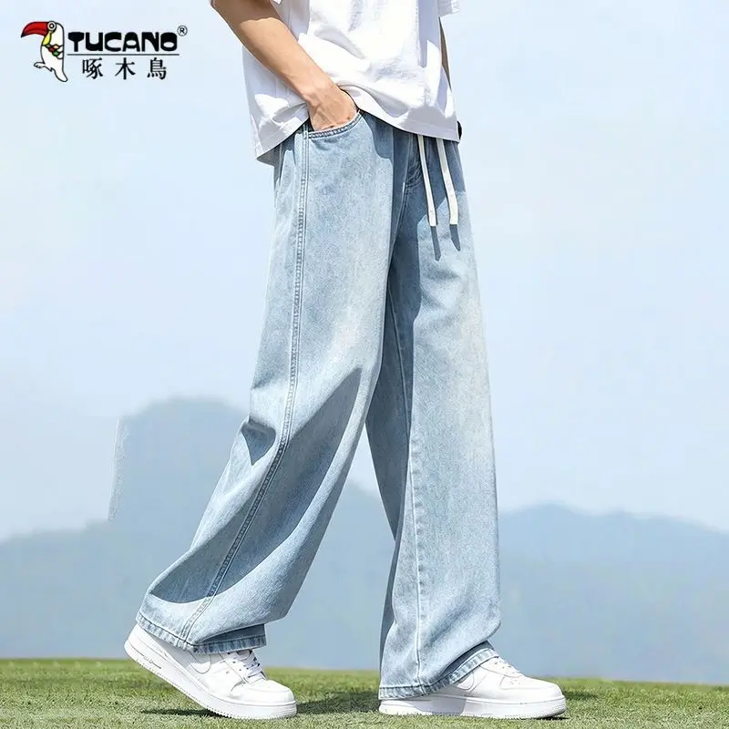 Korean Popular Clothes Summer Men's Jeans Loose Straight Boys High Street Cowboy Trendy Brand Light-colored Baggy Long Pants