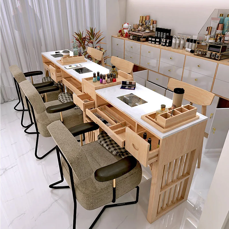 

Solid Wood Triple Double Seat Portable with Vacuum Cleaner Light Emitting Diode Light Nail Art Table