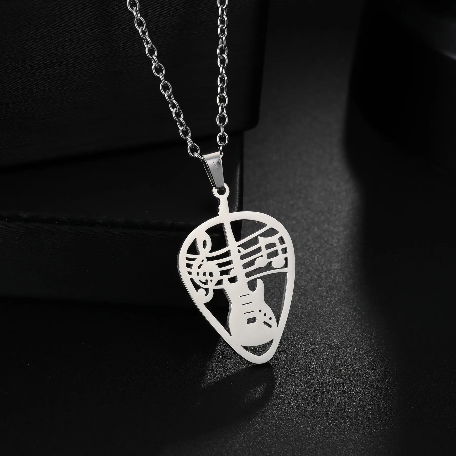 Hip Hop Guitar Pick Bass Note Necklace for Men Stainless Steel Silver Color Music Lovers Pendant Necklaces Jewelry Gift For Him