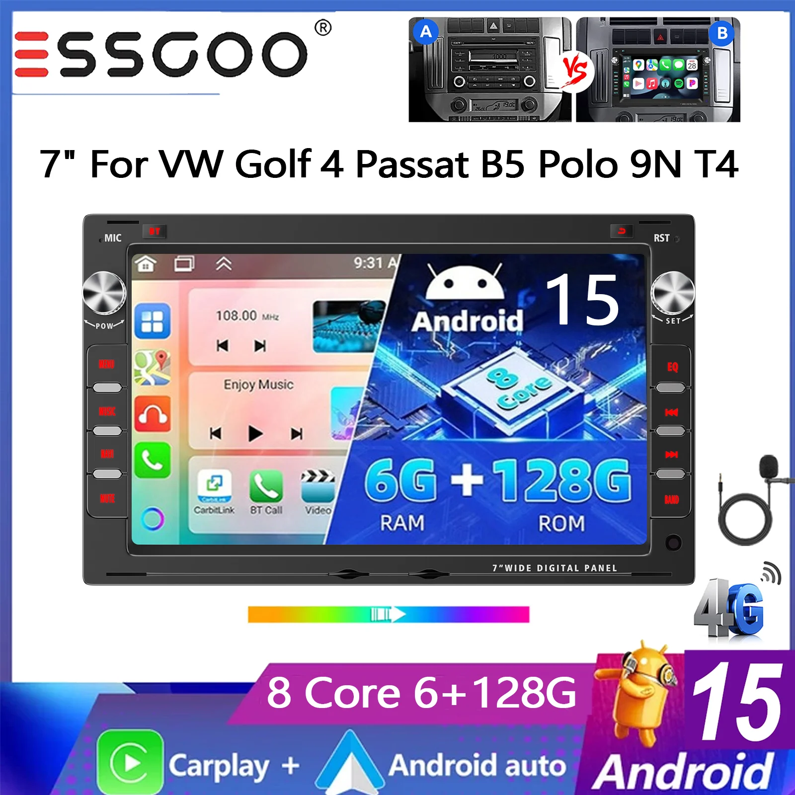 ESSGOO 7" Android 15 8-Kern 6+128G Autoradio für VW Polo 9N Golf 4 Passat B5 T5 mit kabellosem Carplay, Android Auto, GPS-Navigation, 4G, DSP, FM, RDS, WLAN, Bluetooth, Mirror Link,