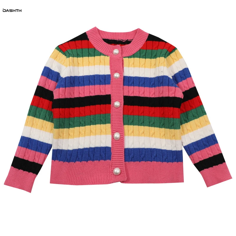 

OASHTH Girls sweater cardigan coat spring and autumn new children's rainbow knitted jacket baby top