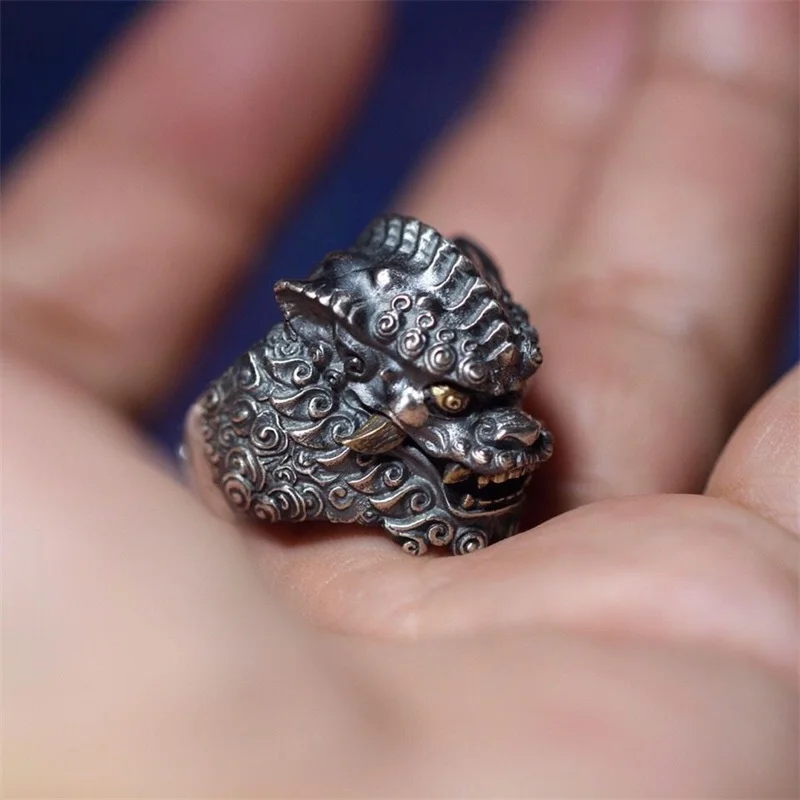 Auspicious Tang Lion Pattern Ring Men Jewelry Personality Carving China-Chic Style Vintage Lion Ring Male Finger Accessories