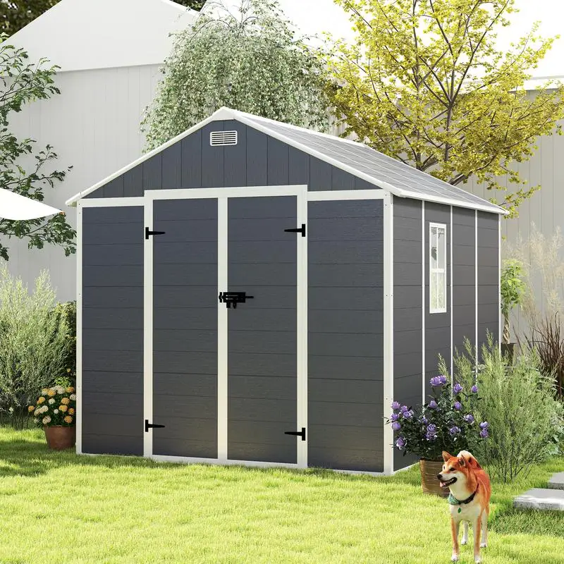

8x8 ft Resin Storage Shed, High Quality PP Material, Strong Structure, Waterproof, Rust & UV Resistant, Large Storage Space,