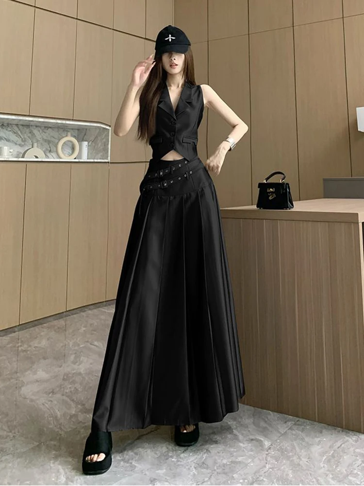 Summer Korean Two Piece Set For Women Short Sleeveless Vest Pleated Skirt Casua High Waist Long Skirt Set