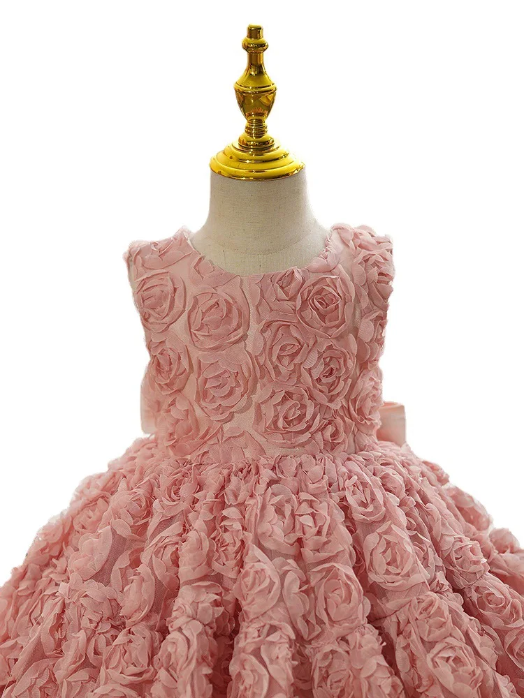 Vestido de princesa sem mangas para bebês, doces vestidos encantadores, flor rosa, vestido formal para aniversário, 1 a 6 anos de idade