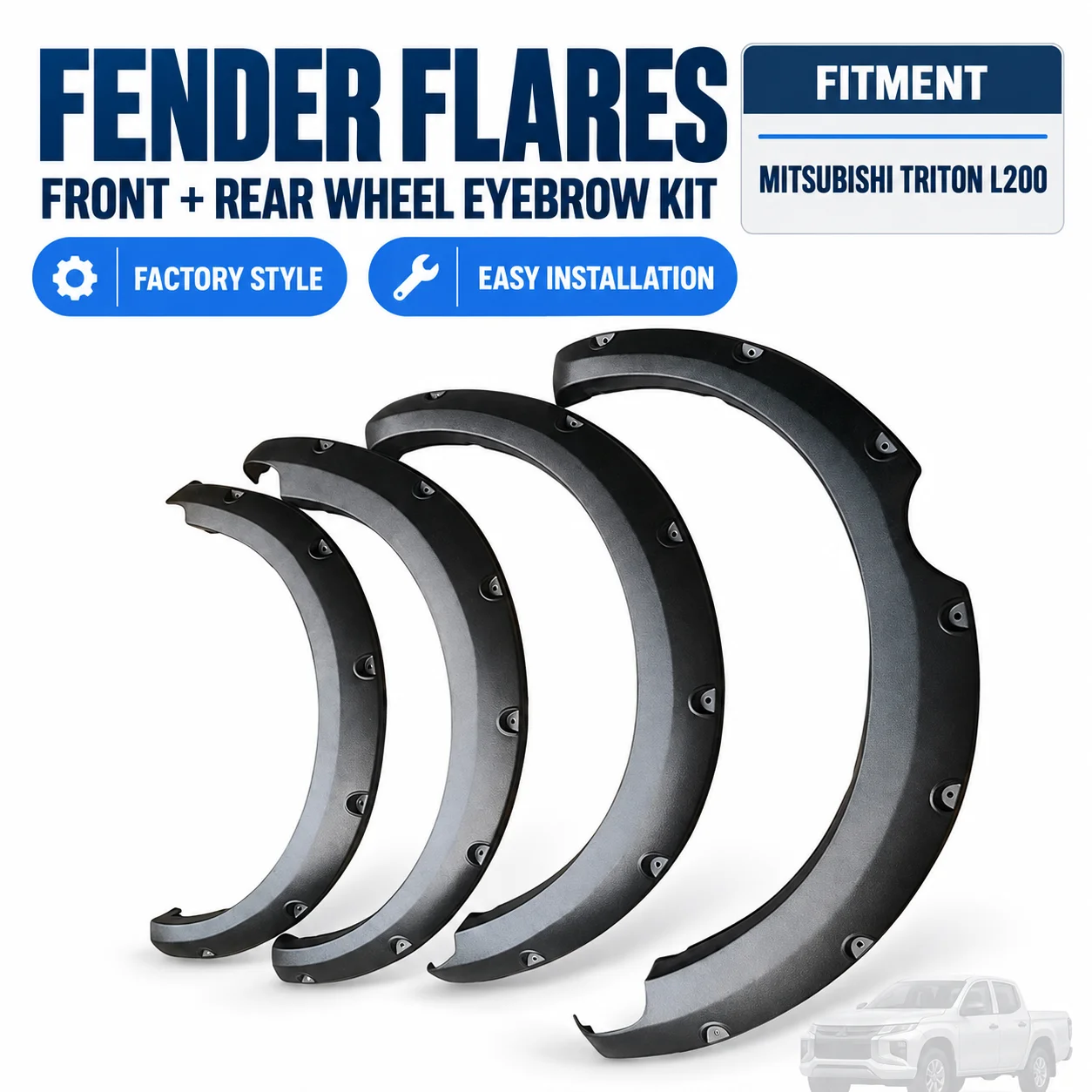 Direct Fit Front Rear Wheel Eyebrow Fender Flares Kit, Factory Style Upgrade Easy Installation for Mitsubishi Triton L200