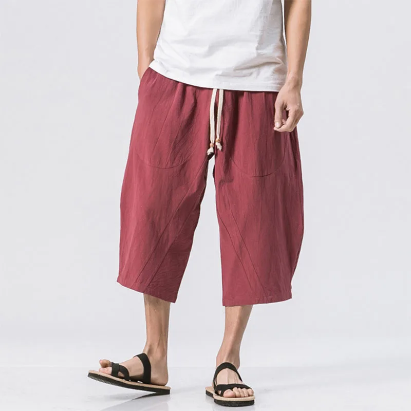 2023 Summer Men Harem Pants Short Joggers Chinese Style Calf-Length Casual Baggy Pants Solid Color Male Capris Trousers 5XL