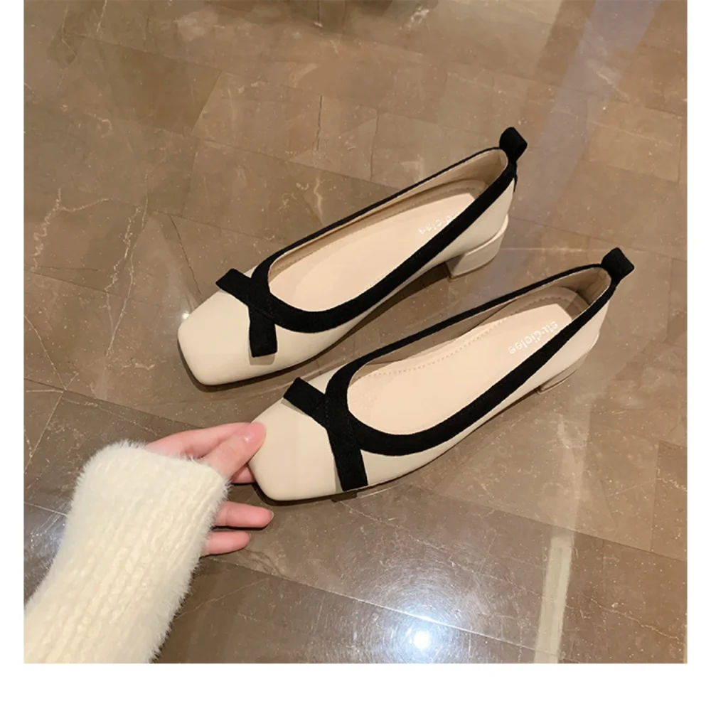 French Romantic Vitage Leather Round Toe Butterfly-knot Sweet Ballet Shoes Med Square Heels Slip on Women Pumps