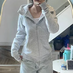 Cotton Hooded Sweatshirt for Women Spring Autumn Korean Versatile Trendy Sporty Slim Fit Hooded Coats Girls Grey Zipper Cardigan