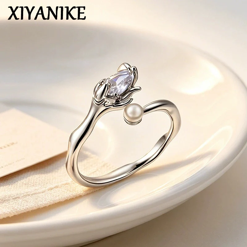 XIYANIKE Sweet Zircon Pearl Adjustable Open Finger Rings For Women Girl Fashion New Jewelry Gift Party Wedding кольцо