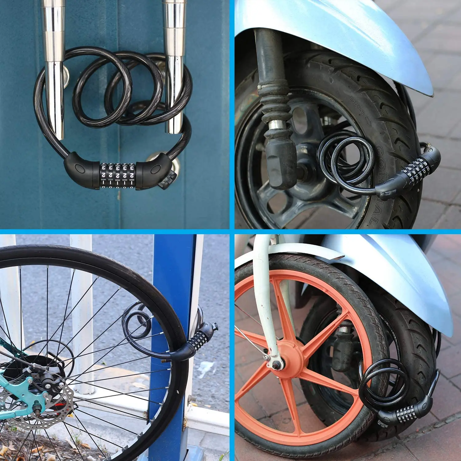 1.5M 5ft Bike Lock Scooter Bicycle Motorcycle Cable Chain Locks 5-Digit Secure Combination Heavy Duty Cables 0.5"/12mm Diameter