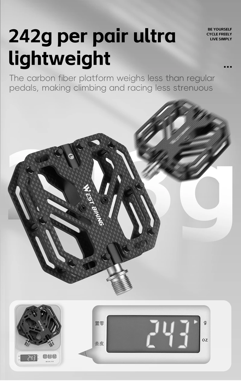 WEST BIKING Carbonfaser-Fahrradpedale 3 Gedichtete Lager Titan-Achse Rutschfeste MTB Rennrad Leichtgewichtige Pedale Fahrradteile – Detail 5