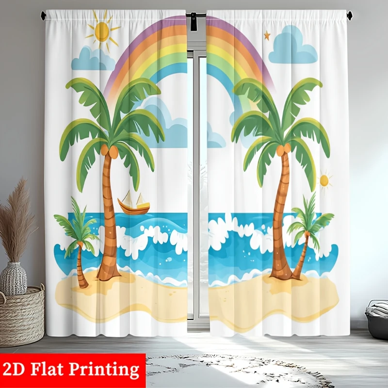 Tropical Beach Rainbow Curtain Window Curtains Palm Tree Print Summer Coastal Home Decoration Drapes for Living Room Decor