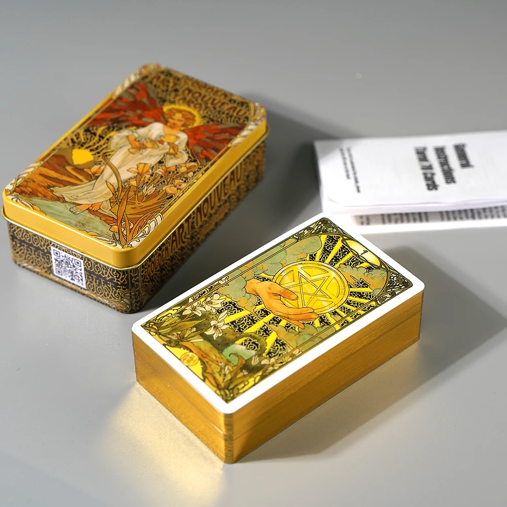 

Golden Art Nouveau Tarot Deck Luxury Edition 78 Gold edges Cards with Tin Box Perfect for Tarot Mystical