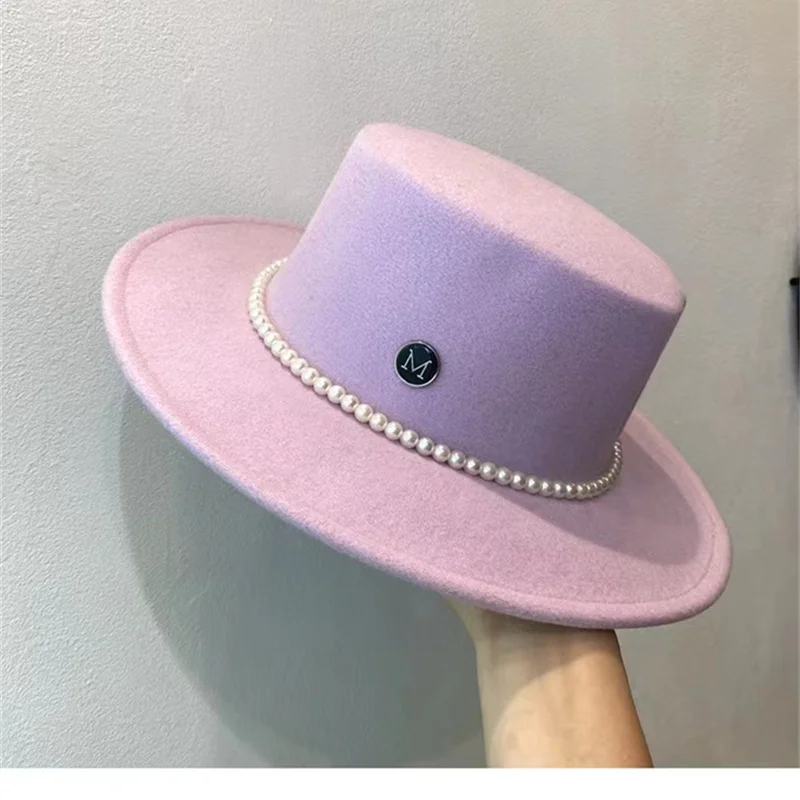 Starry Sky Woolen Fedoras Hats For Women Pearl French Elegant Woman Hat Ladies Bucket Flat Hats Fashion Church Hat Wide Brim