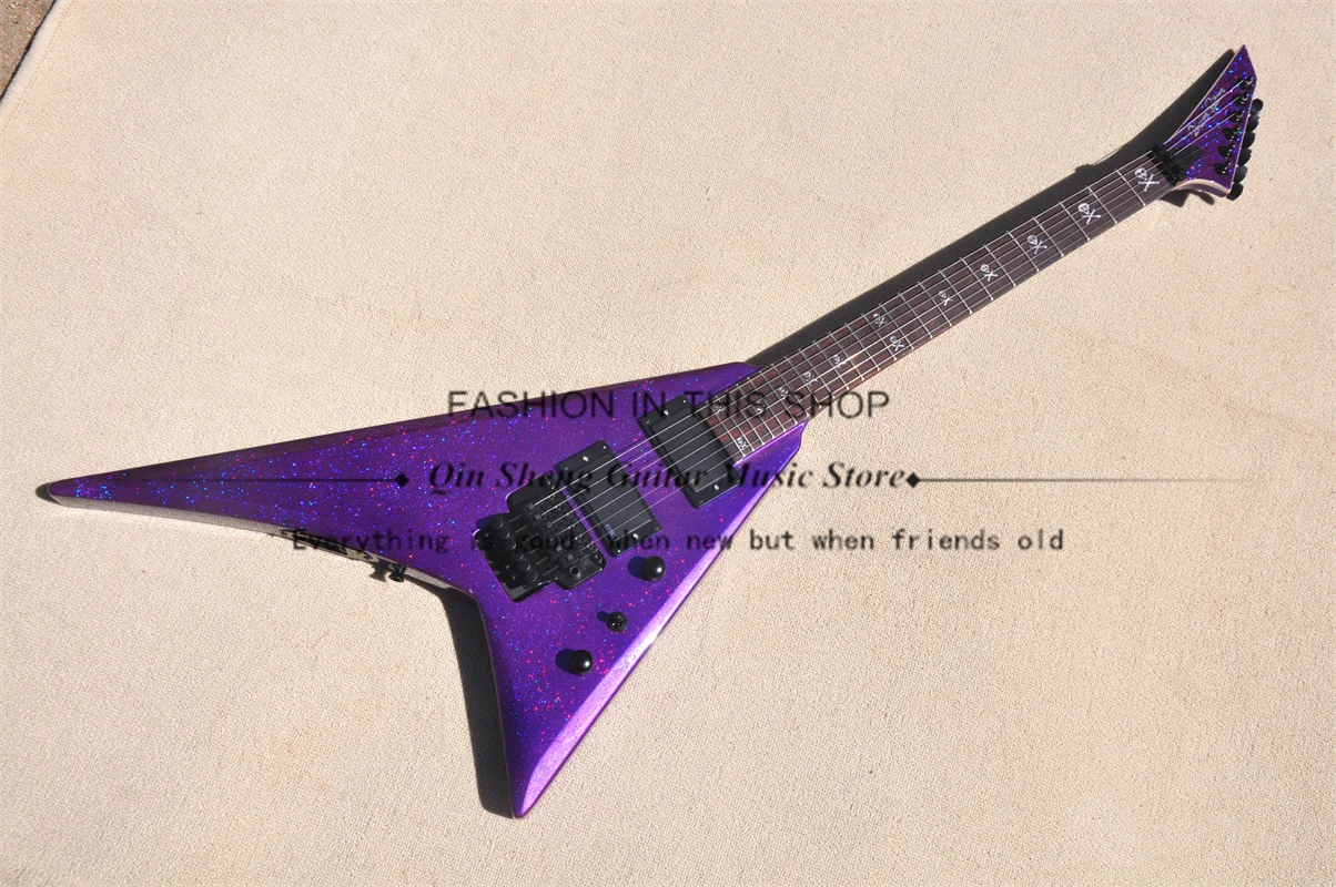 Purple Electric Guitar Flash Silver Particle Guitar Tremolo Bridge Black Buttons rosewood Fingerboard Skull Inlay