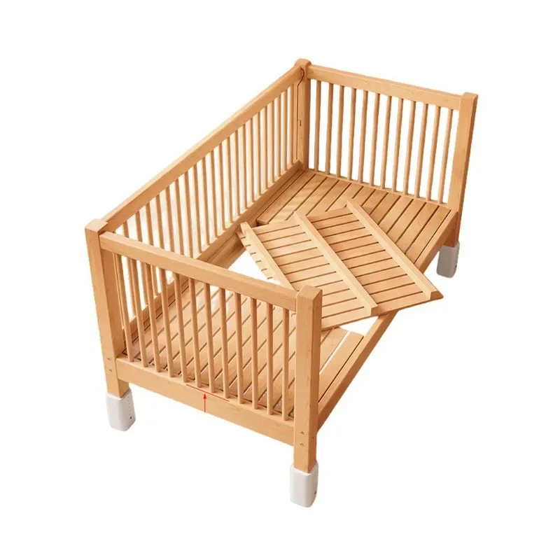 Beech children's bed, liftable splicing bed, solid wood crib, widened splicing