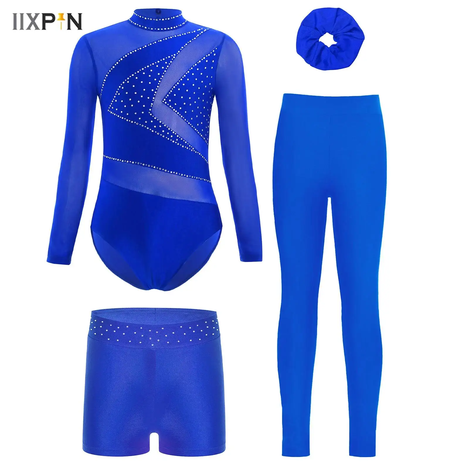 

4Pcs/Set Kids Girls Gymnastics Figure Skating Costume Sheer Mesh Long Sleeve Sparkly Rhinestone Leotard+Shorts+Leggings+Hairband